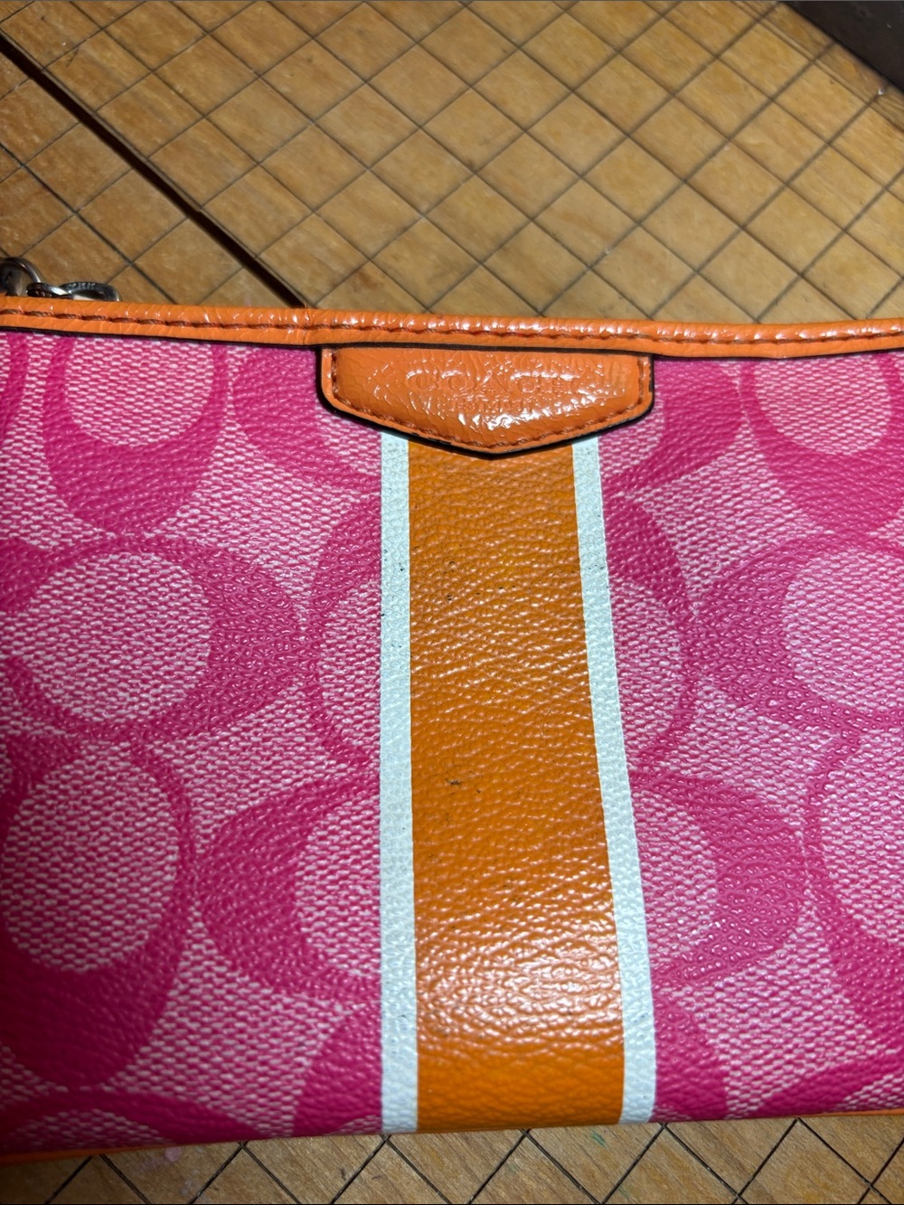 Coach Pink & Orange Signature Stripe Wristlet w Hang Tag